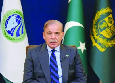 Pakistani Prime Minister Shehbaz Sharif addresses the 23rd Shanghai Co-operation Organisation Summit, hosted virtually by India, in Islamabad yesterday. (Reuters)