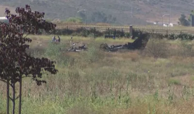 The remains of the aircraft that was crashed and burned in a field near French Valley Airport, outside Los Angeles. Picture courtesy of KTLA5