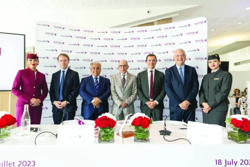 HE al-Baker, Sheikh Ali, Faivre, Crébassa among others during the launch of Qatar Airways&#039; new direct service from Doha to Toulouse, France