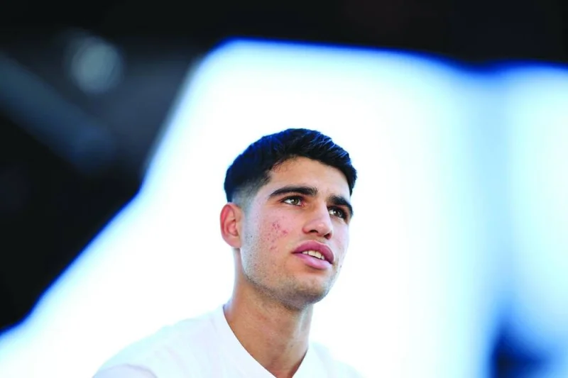 
Spain’s Carlos Alcaraz poses during the Hopman Cup tennis tournament in Nice, southern France. Alcaraz won the Wimbledon title last Sunday. (AFP) 