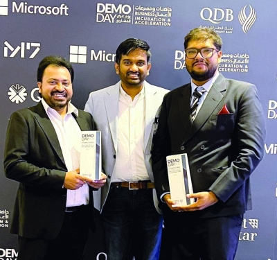 eHaris.com co-founders (from left) Fijo George, Binod Chandran, and Dijin Kumar during Qatar Development Bank’s ‘Business Incubation & Acceleration Demo Day 2023’ held at M7 in Msheireb.