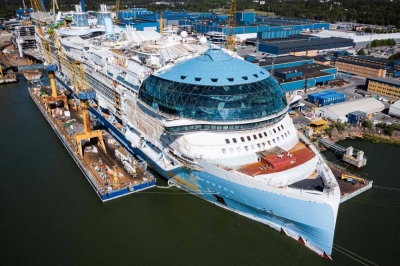 An aerial view taken on May 30, 2023 shows the construction site of the Royal Caribbean&#039;s new ship &#039;Icon of the Seas&#039; at the Turku shipyard in Finland&#039;s southwest coast. AFP