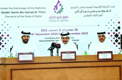From left: Al-Khulaifi, Sheikh Khalifa and al-Ansari outline the schedule of Made in Qatar 2023. PICTURE: Thajudheen