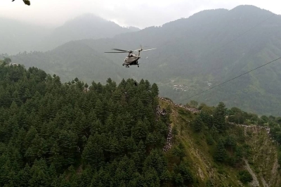 A military helicopter conducts a rescue operation to recover students stuck in a chairlift in the Pashto village of mountainous Khyber Pakhtunkhwa province. AFP