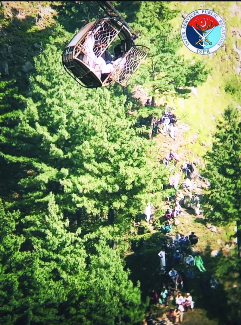
A view of the stranded children aboard the cable car. 