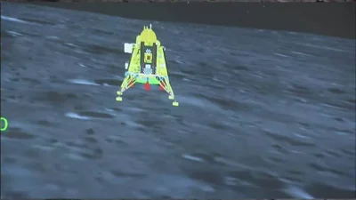 A screen grab taken from the live feed of Indian Space Research Organisation (ISRO) website shows the successful lunar landing of  Chandrayaan-3 spacecraft on the south pole of the Moon. AFP