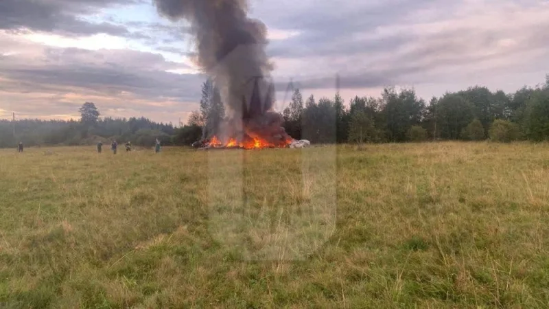 A view shows plane wreckage on fire following an alleged air accident at a location given as Tver region, Russia, in this image published August 23, 2023. Ostorozhno Novosti/Handout via REUTERS