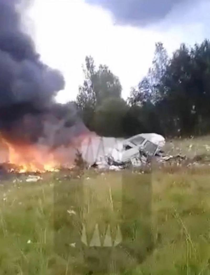 A  eyewitness footage of the crash site of a plane linked to Wagner Chief Yevgeny Prigozhin, near Kuzhenkino, Russia, August 23. Ostorozhno Novosti/via REUTERS