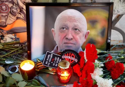 A portrait of Wagner mercenary chief Yevgeny Prigozhin at a makeshift memorial in Moscow, Russia on August 24. REUTERS