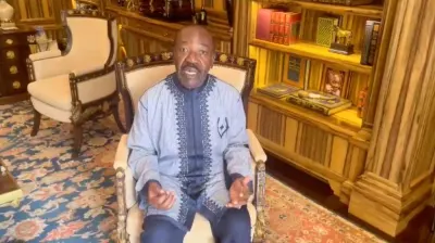 Gabon President Ali Bongo makes a statement through a video message, after the Gabon military had seized power, at an unknown location, in this screen grab taken from a social media video. REUTERS