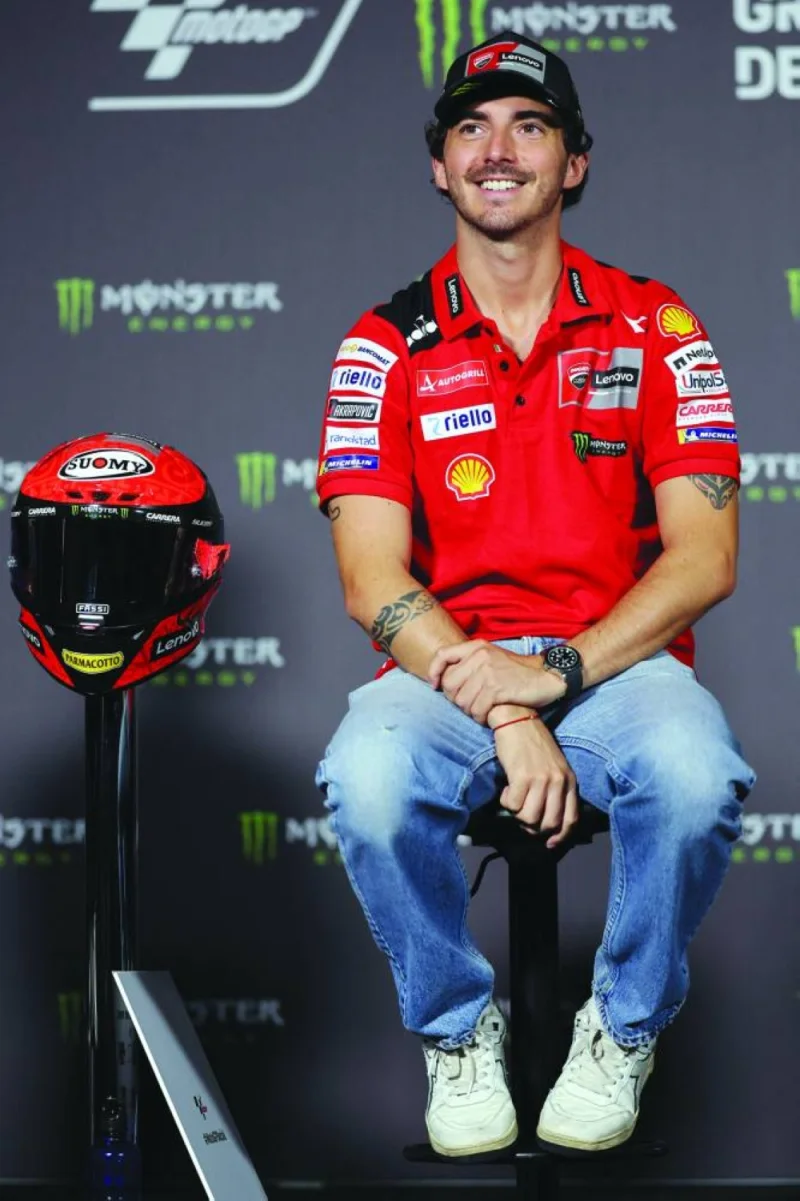 Ducati Italian rider Francesco Bagnaia attends a press conference ahead of the Moto Grand Prix de Catalunya at the Circuit de Catalunya on Thursday in Montmelo on the outskirts of Barcelona. (AFP)