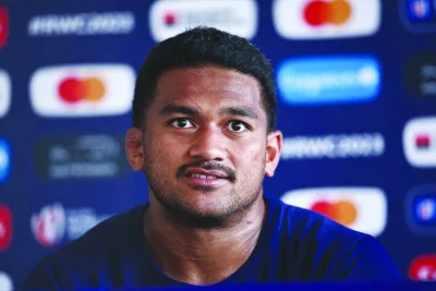 France’s prop Sipili Falatea looks on during a press conference shead of the Rugby World Cup 2023. (AFP)