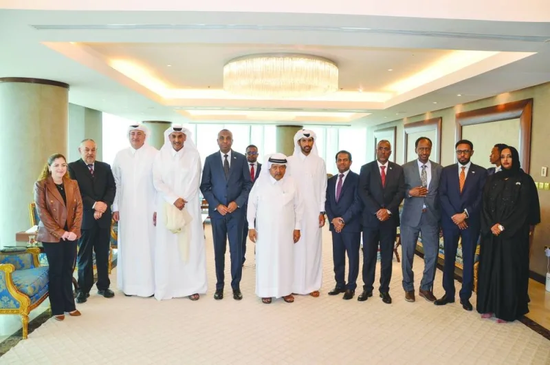 QBA Chairman HE Sheikh Faisal bin Qassim al-Thani and other QBA officials and members welcome Somali Prime Minister Hamza Abdi Barre and his accompanying delegation during a meeting held in Doha.