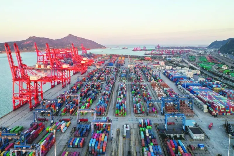 
An aerial view of containers stacked at Lianyungang port, in China’s eastern Jiangsu province. Exports — which have historically served as a key growth engine for China — are down 8.8%. 