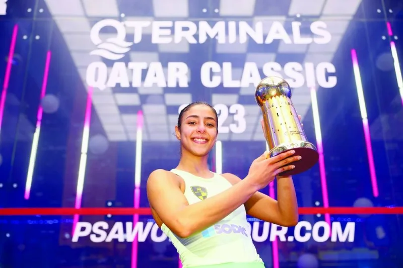 Hani El Hammamy of Egypt celebrates winning the QTerminals Qatar Classic title at the Khalifa Tennis and Squash Complex in Doha on Friday. El Hammamy beat Nour El Sherbini, also of Egypt, in the final.