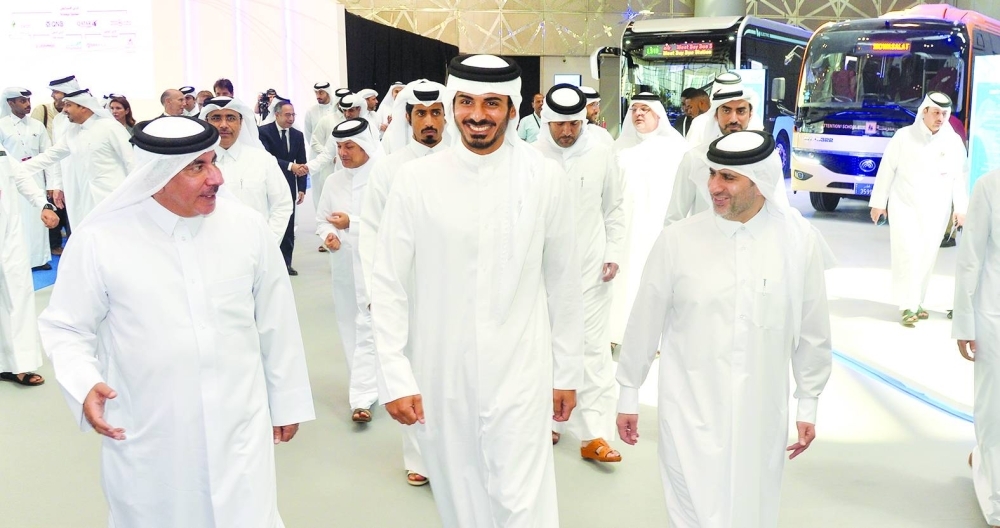 Minister of Interior and Commander of Internal Security Force (Lekhwiya) HE Sheikh Khalifa bin Hamad bin Khalifa al-Thani and Minister of Transport ( MoT) HE Jassim Saif Ahmed al-Sulaiti and other dignitaries visiting the exhibition.