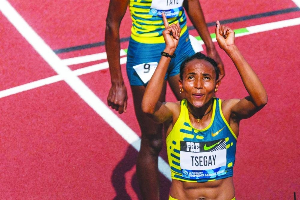 
Gudaf Tsegay of Ethiopia reacts after winning the Women’s 5000m. (AFP) 