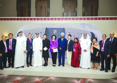 Qatar Olympic Committee’s Second Vice-President Dr Thani bin Abdul Rahman al-Kuwari and Secretary-General Jassim bin Rashid al-Buainain with Olympic Council of Asia’s Acting President Raja Randhir Singh and Acting Director General Vinod Kumar Tiwari and other officials at a reception hosted by QOC in Hangzhou, China, on Monday.