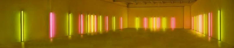 Dan Flavin, alternating pink and “gold”, 1967, pink and yellow fluorescent light (supplied pictures).
