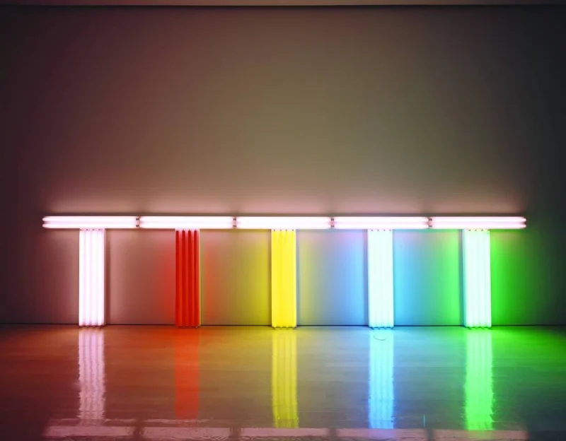Dan Flavin, untitled (to Don Judd, colorist) 1-5, 1987, pink, red, yellow, blue, and green fluorescent light, five parts.