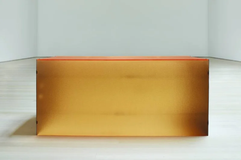 Donald Judd, untitled, 1964, hot-rolled steel and gold pebbled plexiglass.