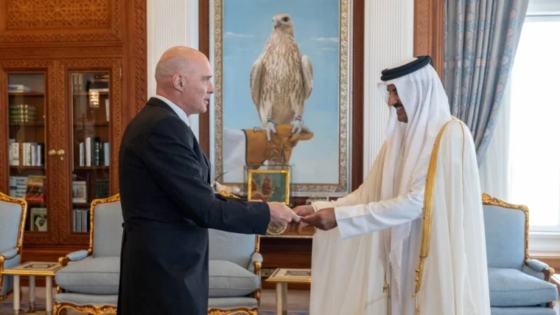 His Highness the Amir Sheikh Tamim bin Hamad al-Thani receives the credentials of the ambassador of the Netherlands Ferdinand Lahnstein.
