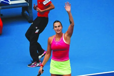 Belarus&#039;s Aryna Sabalenka celebrates after beating USA&#039;s Sofia Kenin during their women痴 singles match of the WTA China Open tennis tournament in Beijing on October 1, 2023. (AFP)