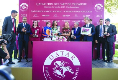 His Highness Sheikh Abdullah bin Khalifa al-Thani presented the trophies to connections of Al Shaqab Racing’s Al Ghadeer which won the Qatar Arabian World Cup at Qatar Prix de l’Arc de Triomphe in Paris on Sunday.