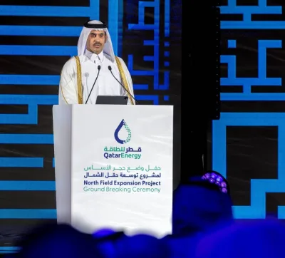 HE the Minister of State for Energy Affairs Saad Sherida al-Kaabi speaking at the ground-breaking of the multi-billion dollar at Ras Laffan Tuesday. Pictures courtesy: QatarEnergy