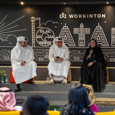 Rasha al-Sulaiti, general manager of Innovation Consultancy is driving a point while Saleh al-Raisi, co-founder and CEO of Flare Business Centre, and Nayef al-Ibrahim, co-founder and CEO of Ibtechar, look on.