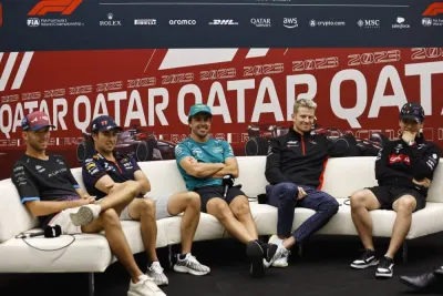 From Left: Alpine’s Pierre Gasly, Red Bull’s Sergio Perez, Aston Martin’s Fernando Alonso, Haas’ Nico Hulkenberg and Alfa Romeo’s Guanyu Zhou during a press conference at the Lusail International Circuit yesterday, ahead of the Formula One Qatar Grand Prix. (Reuters)