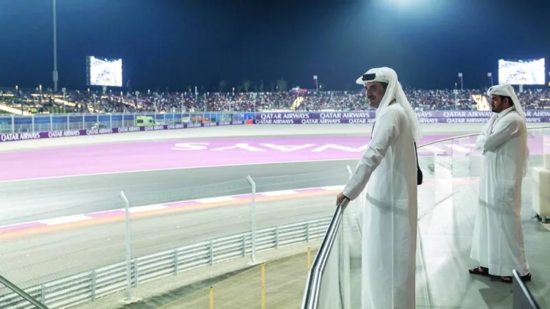 His Highness the Amir Sheikh Tamim bin Hamad al-Thani watching the Formula 1 Qatar Grand Prix 2023 at the Lusail International Circuit Sunday.