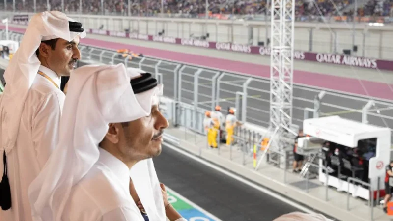 His Highness the Amir Sheikh Tamim bin Hamad al-Thani watching the Formula 1 Qatar Grand Prix 2023 at the Lusail International Circuit Sunday.