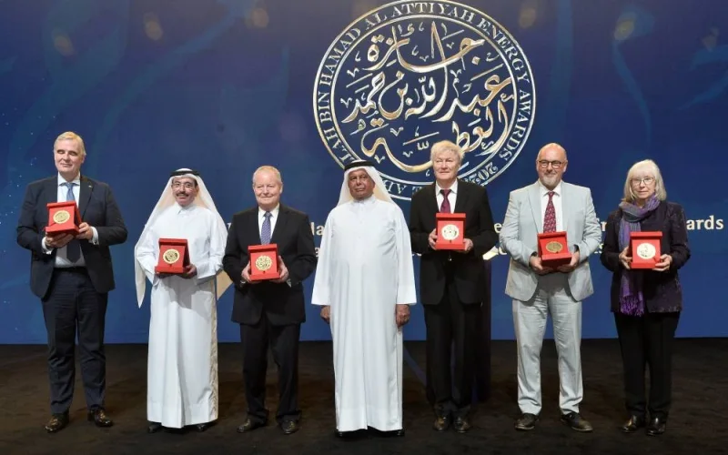 HE Abdullah bin Hamad al-Attiyah, former Deputy Prime Minister and Minister of Energy and Chairman of Board of Trustees, with the winners of 2023 Abdullah Bin Hamad Al-Attiyah International Energy Awards for Lifetime Achievement announced and distributed in Doha last night. PICTURE: Shaji Kayamkulam