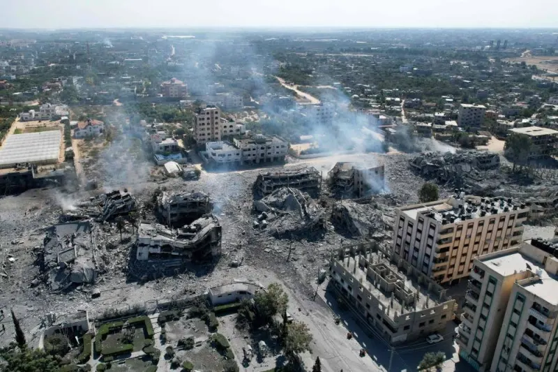 An arial view shows destoyed buildings in al-Zahra city south of Gaza City on Friday. AFP