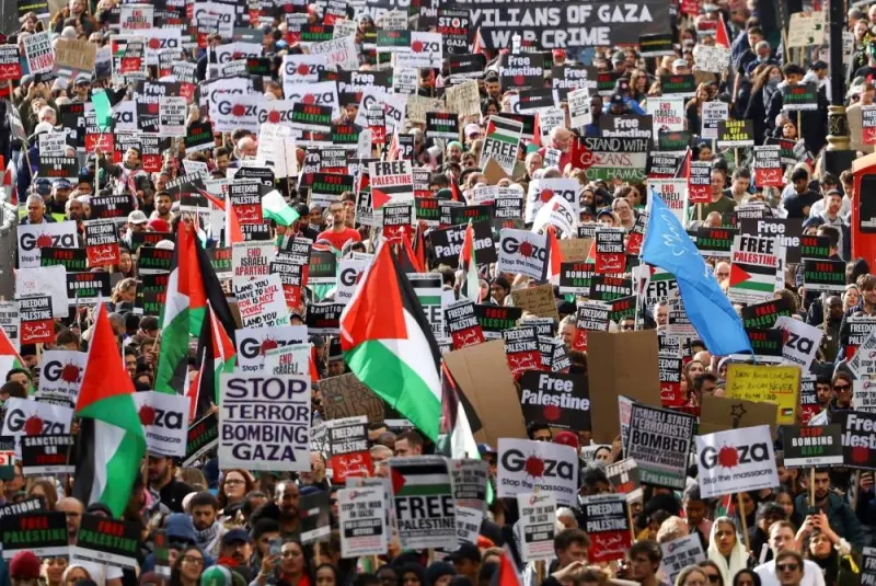 Demonstrators protest in solidarity with Palestinians in Gaza, amid the ongoing conflict between Israel and the Palestinian group Hamas, in London, Saturday. REUTERS