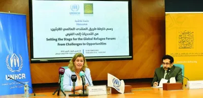 UN Deputy High Commissioner for Refugees (UNHCR) Kelly T Clements and Centre for Conflict and Humanitarian Studies director Dr Ghassan Elkahlout at the programme Sunday. PICTURE: Shaji Kayamkulam.