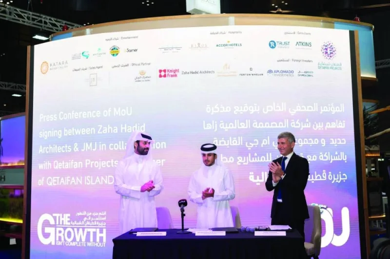 From left: Sheikh Nasser bin Abdul Rahman al-Thani, chairman of the board of directors and managing director of Qetaifan Projects; Sheikh Jabor bin Mansour al-Thani, chairman of JMJ Properties Group board of directors; and Gianluca Racana, representing Zaha Hadid Architects during the MoU-signing ceremony.