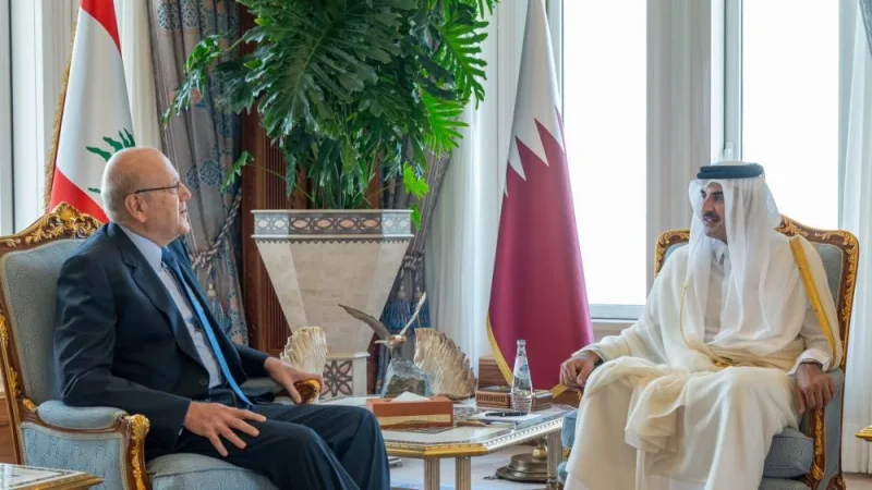 His Highness the Amir Sheikh Tamim bin Hamad Al-Thani meets with the Caretaker Prime Minister of the Republic of Lebanon Najib Mikati.
