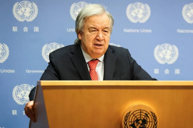 United Nations Secretary-General Antonio Guterres speaks at the United Nations prior to a meeting about the ongoing conflict in Gaza, at the United Nations Headquarters in New York City, on Monday. REUTERS