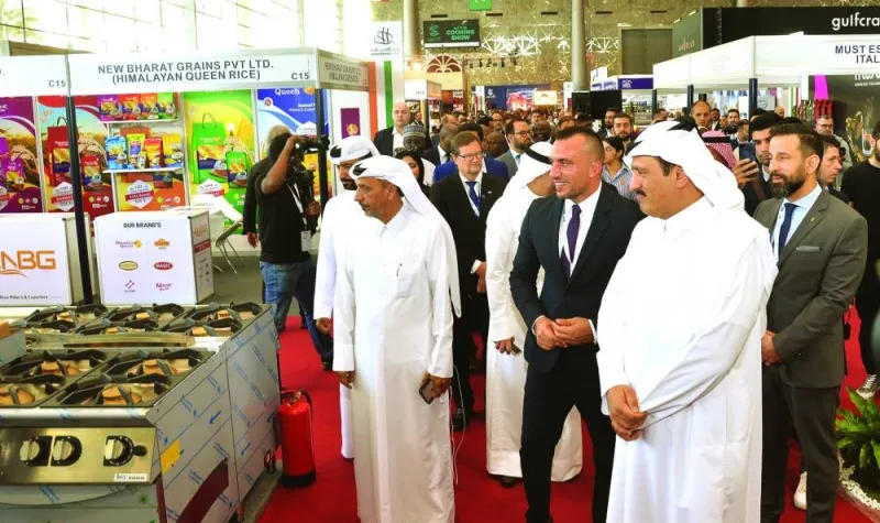 Undersecretary HE Sultan bin Rashid al-Khater and Haidar Mshaimesh, along with ambassadors and guests, touring the various pavilions at Hospitality Qatar 2023 Monday. The event will run until Wednesday at DECC. PICTURE: Shaji Kayamkulam