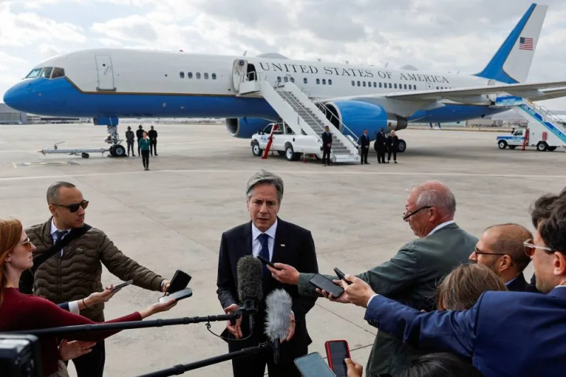 US Secretary of State Antony Blinken speaks to the media about his meetings with Turkish counterparts before departing from Ankara Esenboga Airport in Ankara, on Monday. REUTERS