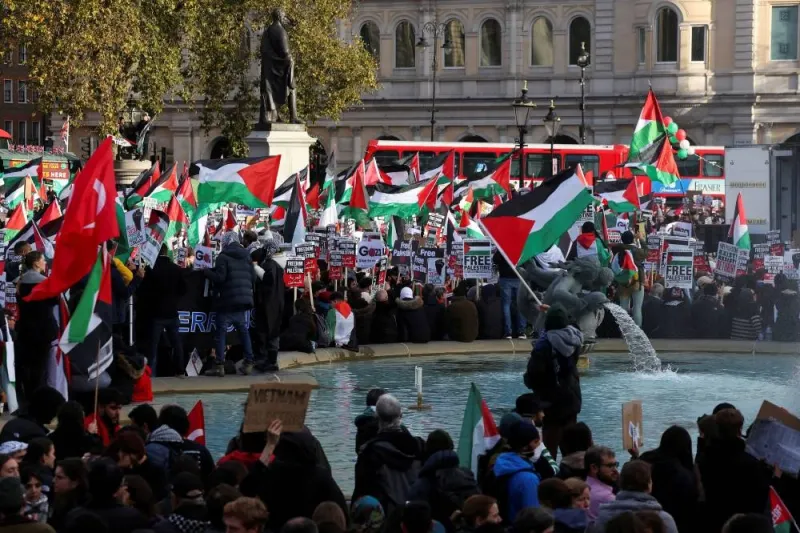 Demonstrators gather at Trafalgar Square as they protest in solidarity with Palestinians in Gaza, in London, Saturday. REUTERS