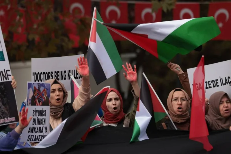 Pro-Palestinian demonstrators show their hands painted in red as they shout slogans during a protest against US Secretary of State Antony Blinken&#039;s visit to Turkiye, near the Turkish Foreign Ministry in Ankara Turkey Monday. REUTERS