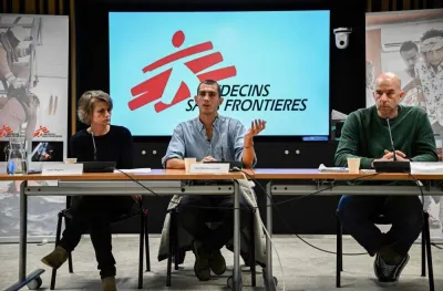 Medecins sans frontieres (MSF) Field Communications Manager Louis Baudoin-Laarman (C), flanked by Medecins sans frontieres (MSF) - France General director Claire Magone (L) and Medecins sans Frontieres (MSF) Head of Emergency Desk Michel-Olivier Lacharite (R), speaks during a press conference on the humanitarian situation in Gaza at the headquarters of International NGO "Doctors Without Borders" (MSF) in Paris, on Tuesday. AFP