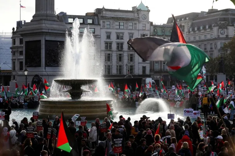 Demonstrators gather at Trafalgar Square as they protest in solidarity with Palestinians in Gaza in London on November 4. REUTERS File Picture.