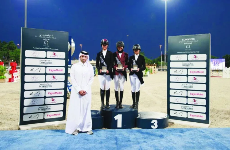 
Chairman of the Longines Hathab Tour Organising Committee Sheikh Ahmad bin al-Thani poses with the podium winners of the Future Riders Level 2. Salma Mohamed Kamhawi finished first, while Nayla bint Tamim bin Hamad al-Thani and Amna Jassim al-Sumaiti secured the second and third places, respectively. 