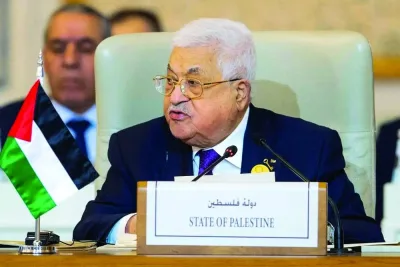 Palestinian President Mahmud Abbas speaking at an emergency meeting of the Arab League and the Organisation of Islamic Co-operation in Riyadh. (AFP)