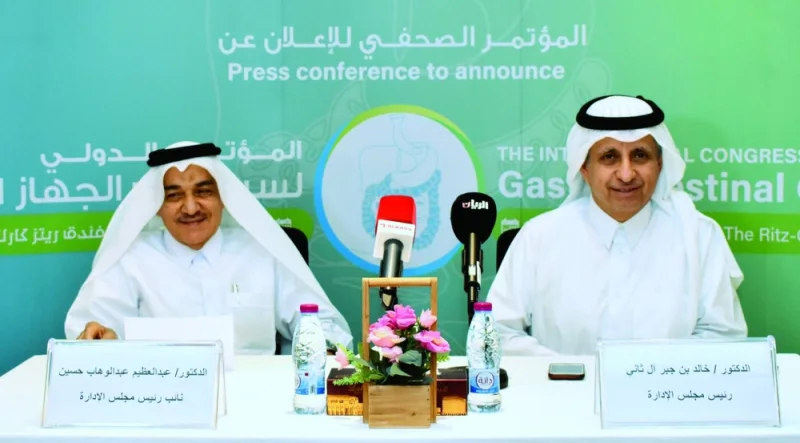 HE Sheikh Dr Khalid bin Jabr al-Thani and Dr Abdul-Azim Abdul-Wahab Hussein announce details of the Congress Tuesday. PICTURE: Thajudheen