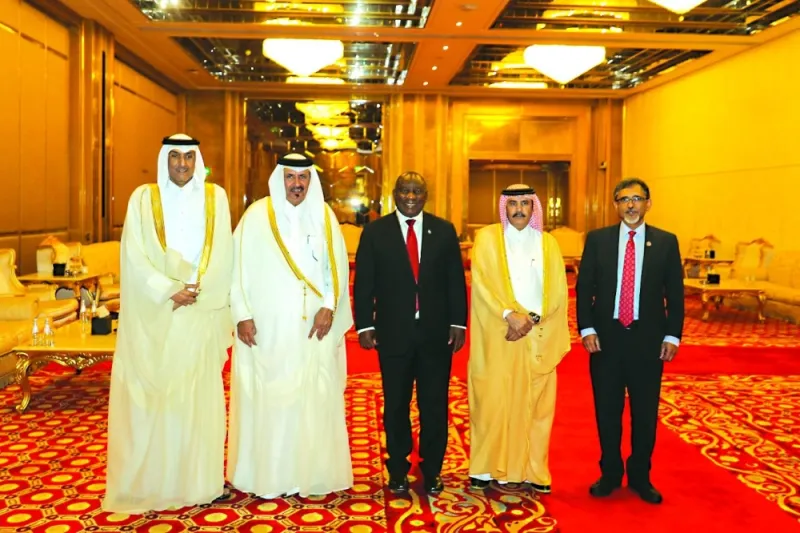 South African President Cyril Ramaphosa is joined by officials of Qatar Chamber and the Qatari Businessmen Association during a meeting in Doha Wednesday.